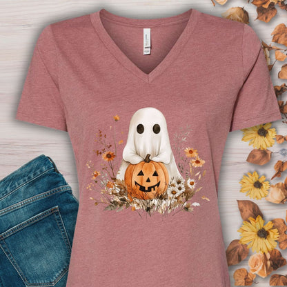 Boho Ghost & Jack-O'-Lantern V-Neck Tee