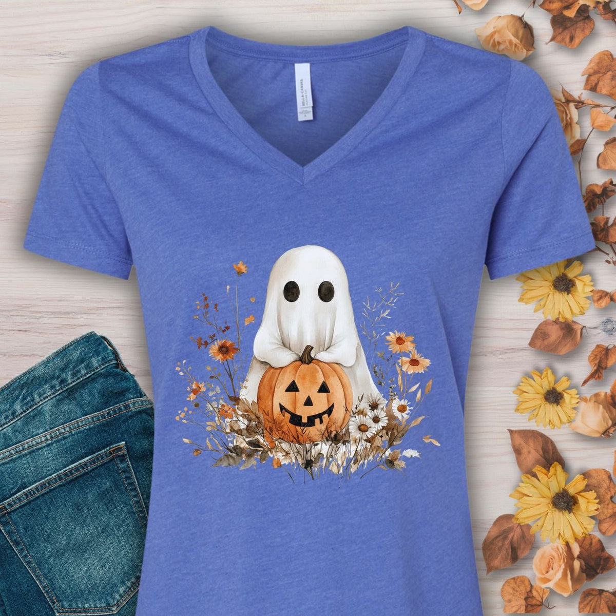 Boho Ghost & Jack-O'-Lantern V-Neck Tee