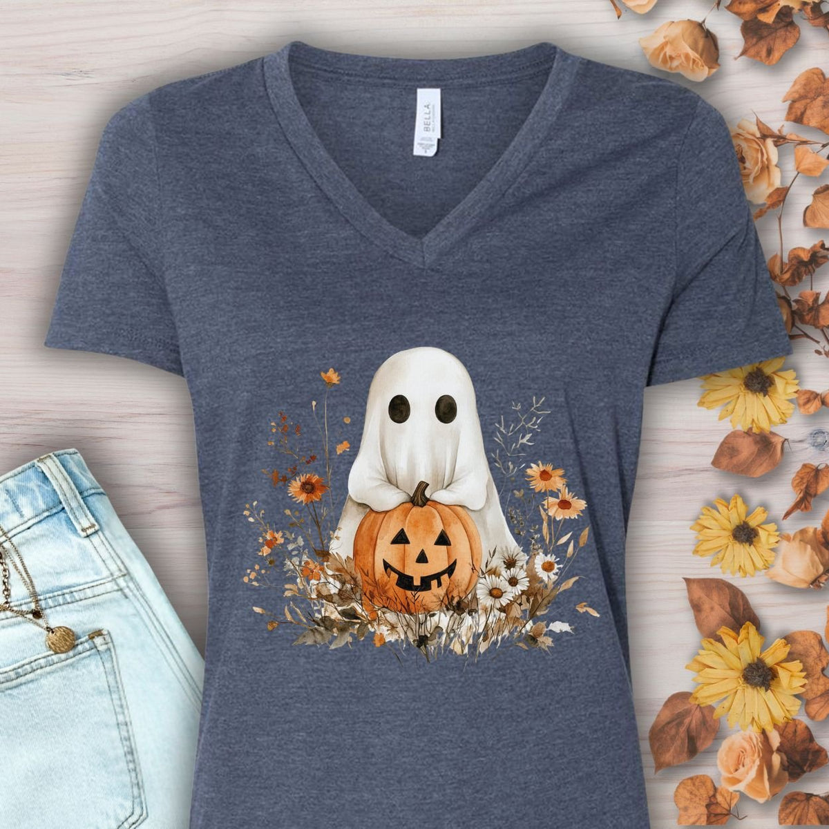 Boho Ghost & Jack-O'-Lantern V-Neck Tee
