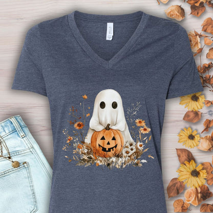 Boho Ghost & Jack-O'-Lantern V-Neck Tee