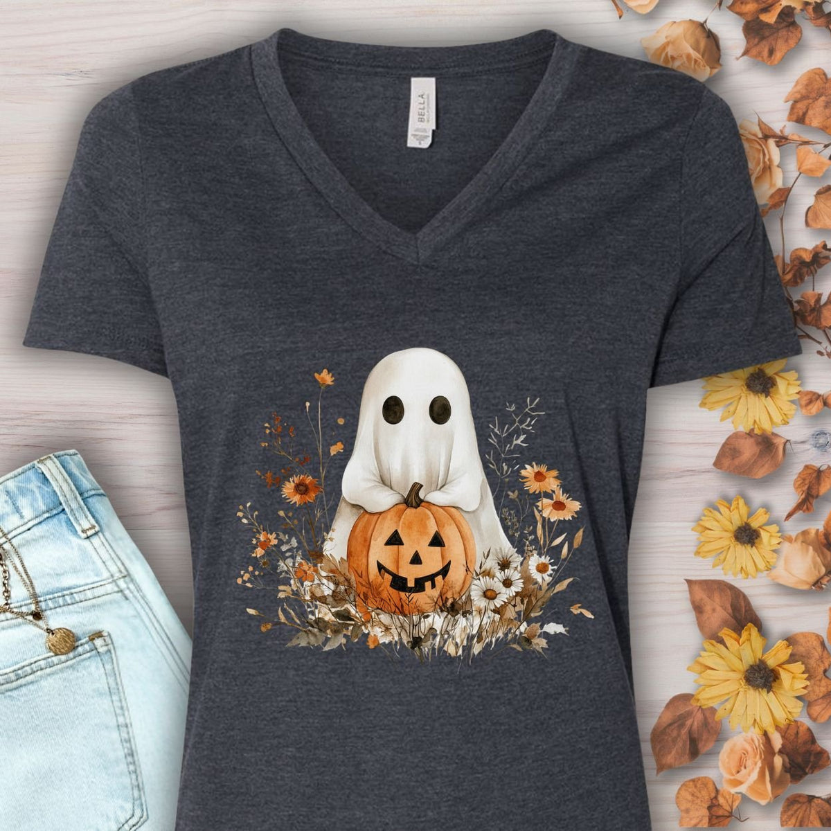 Boho Ghost & Jack-O'-Lantern V-Neck Tee
