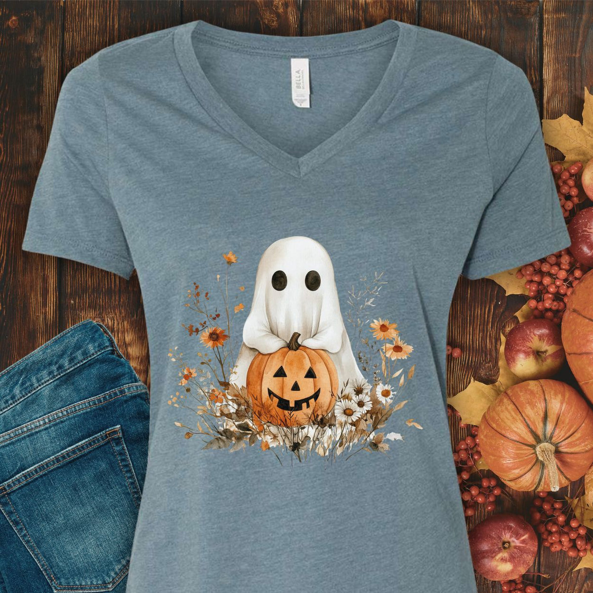 Boho Ghost & Jack-O'-Lantern V-Neck Tee