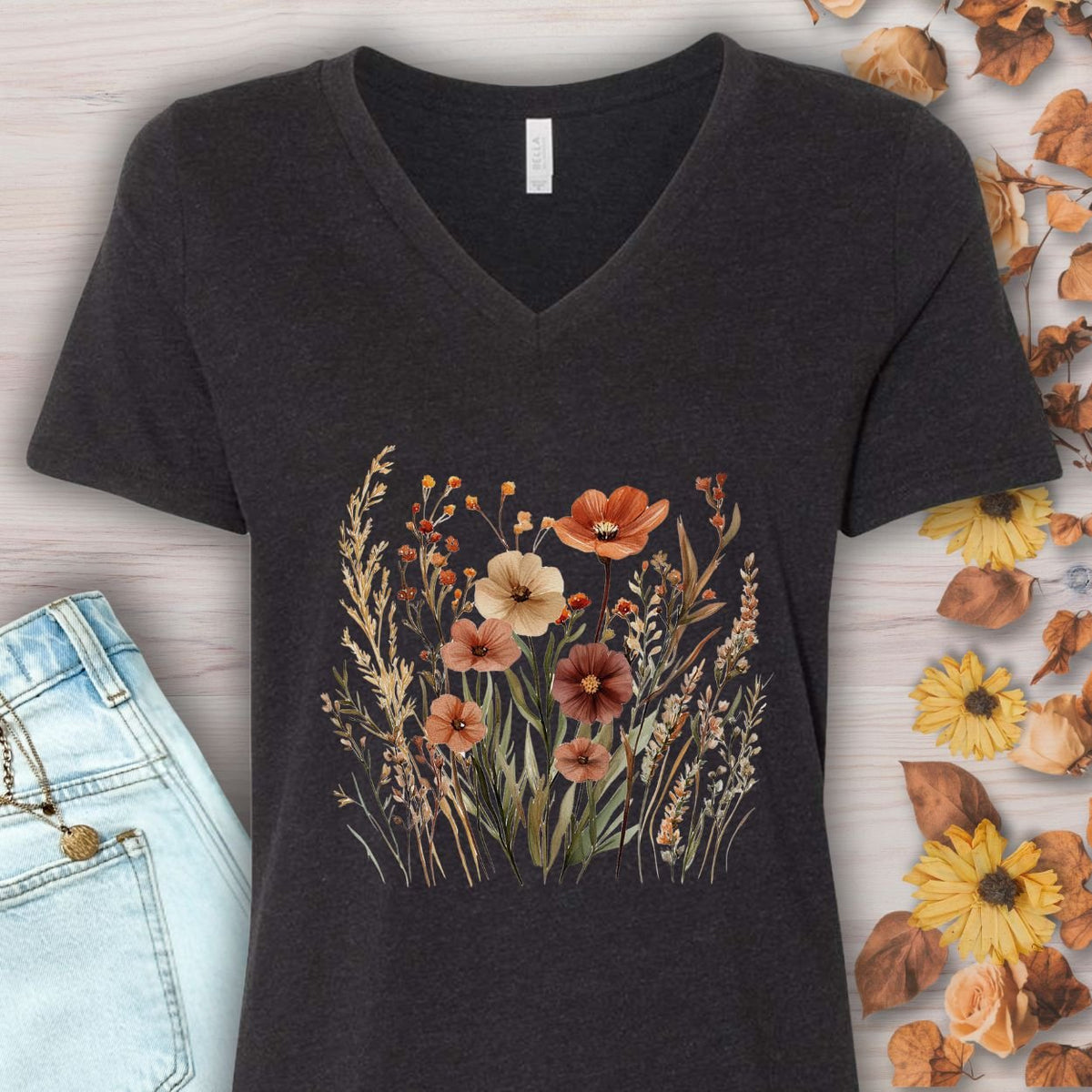 Autumn Wildflowers & Poppies V-Neck Tee