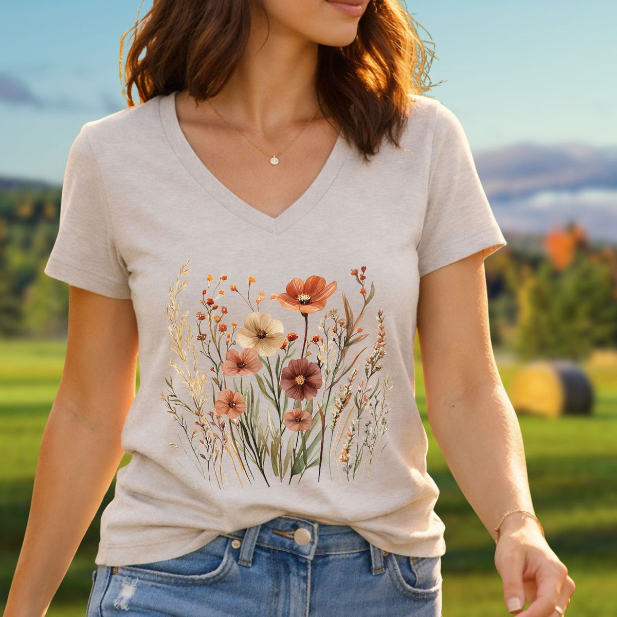 Autumn Wildflowers & Poppies V-Neck Tee