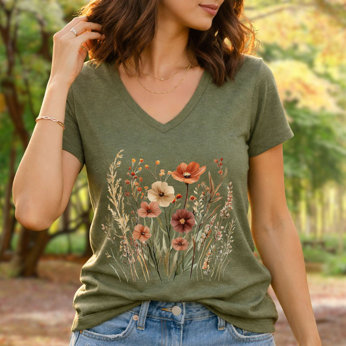 Autumn Wildflowers & Poppies V-Neck Tee