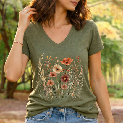 Autumn Wildflowers & Poppies V-Neck Tee