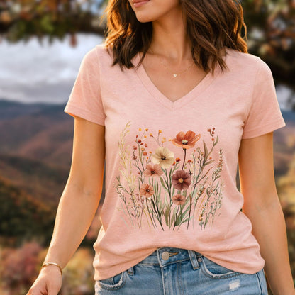 Autumn Wildflowers & Poppies V-Neck Tee