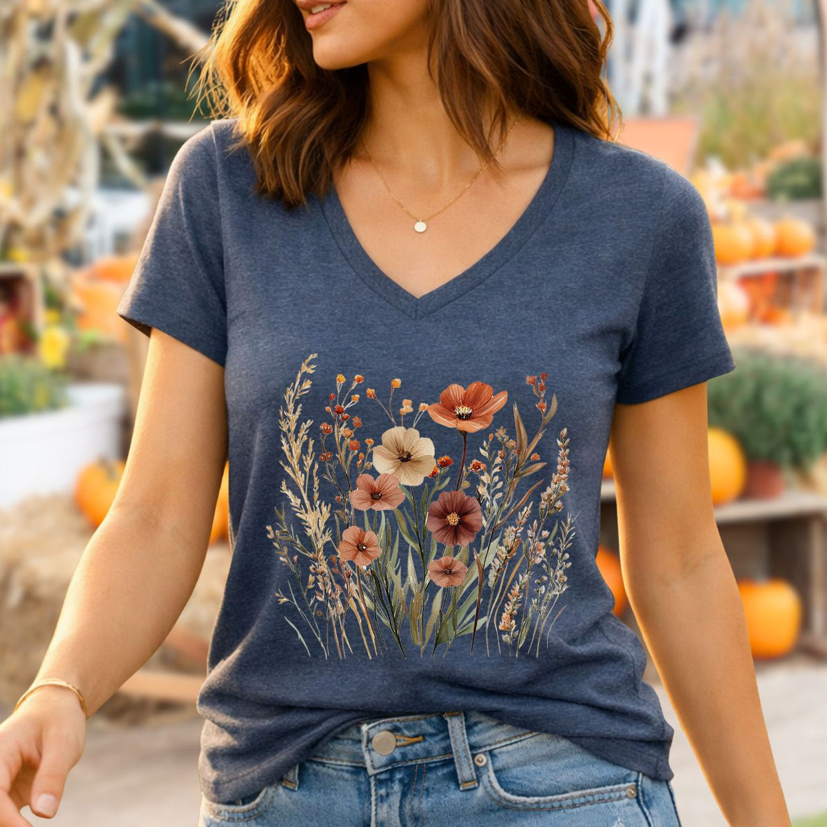 Autumn Wildflowers & Poppies V-Neck Tee