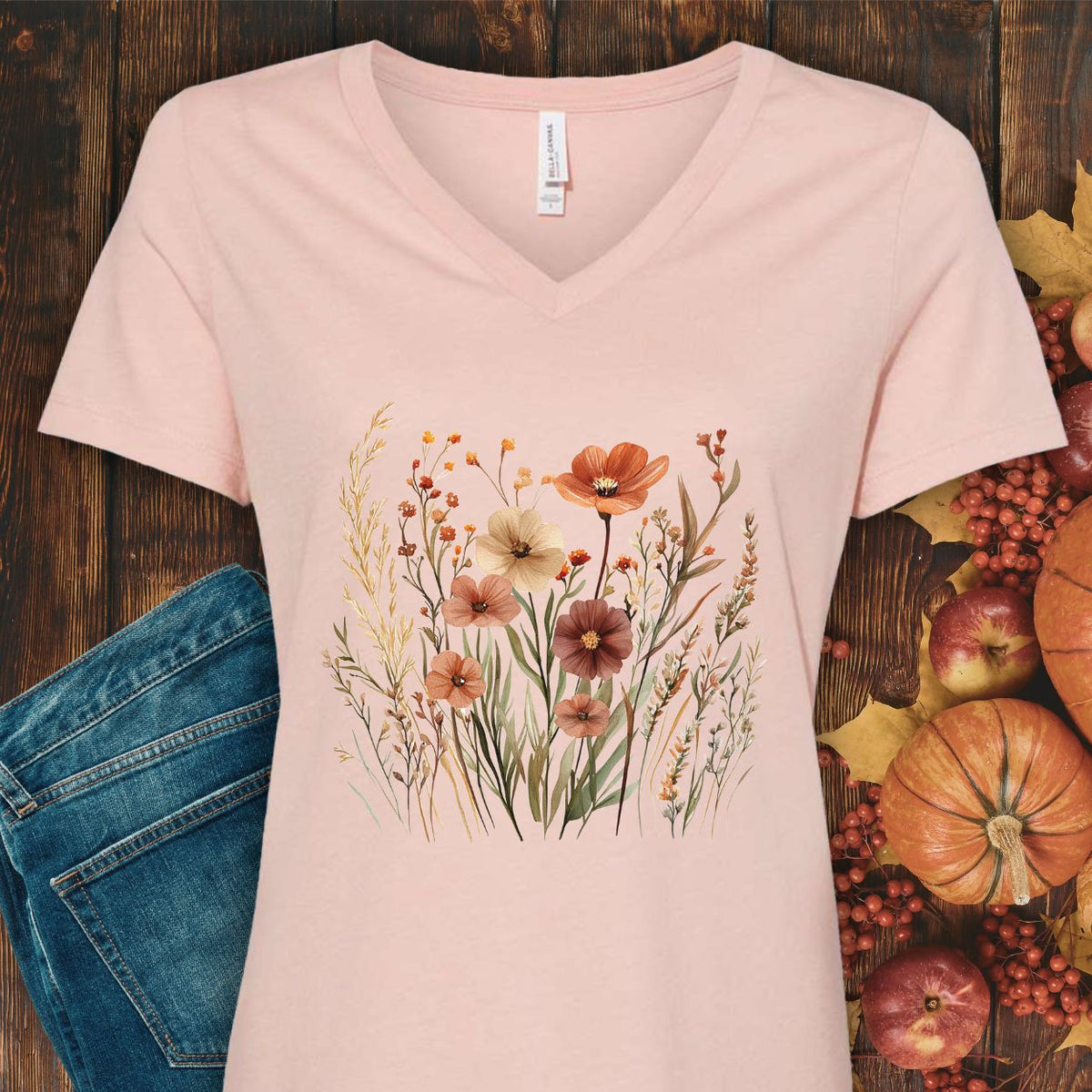 Autumn Wildflowers & Poppies V-Neck Tee