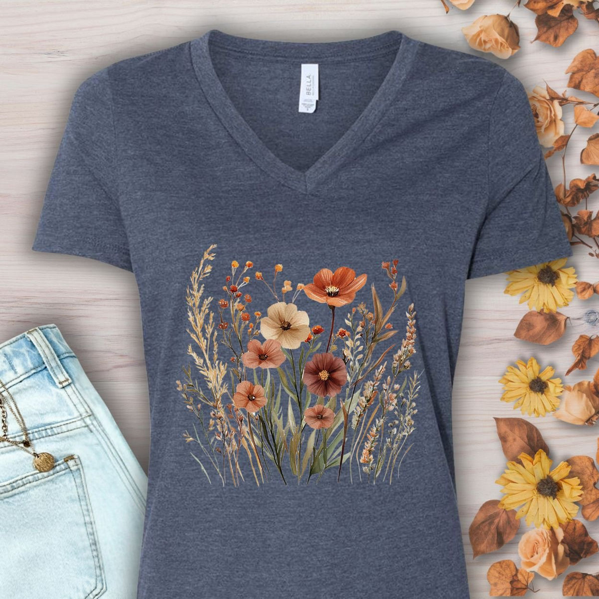 Autumn Wildflowers & Poppies V-Neck Tee