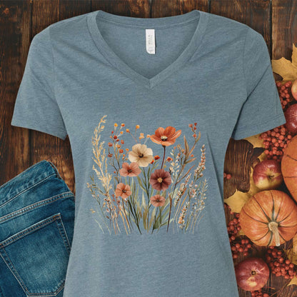 Autumn Wildflowers & Poppies V-Neck Tee