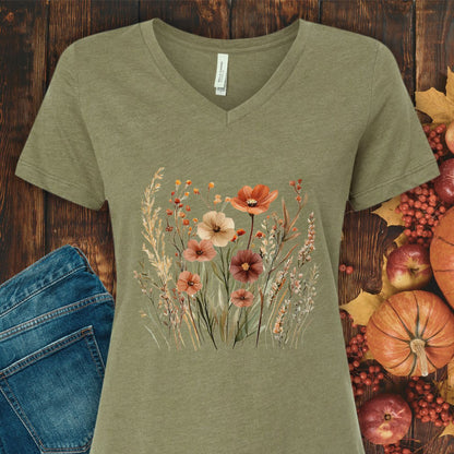 Autumn Wildflowers & Poppies V-Neck Tee