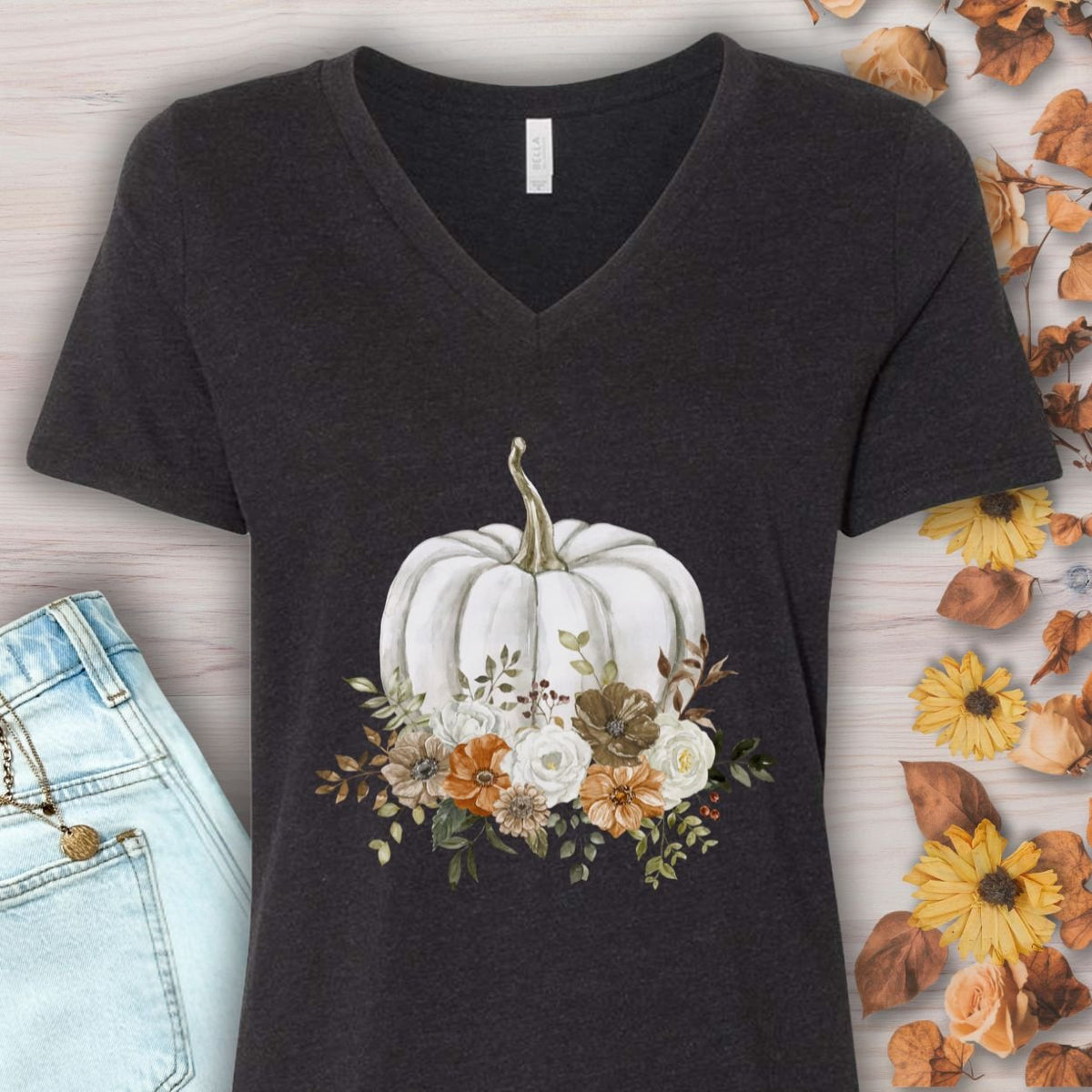 Autumn Floral White Pumpkin V-Neck Tee