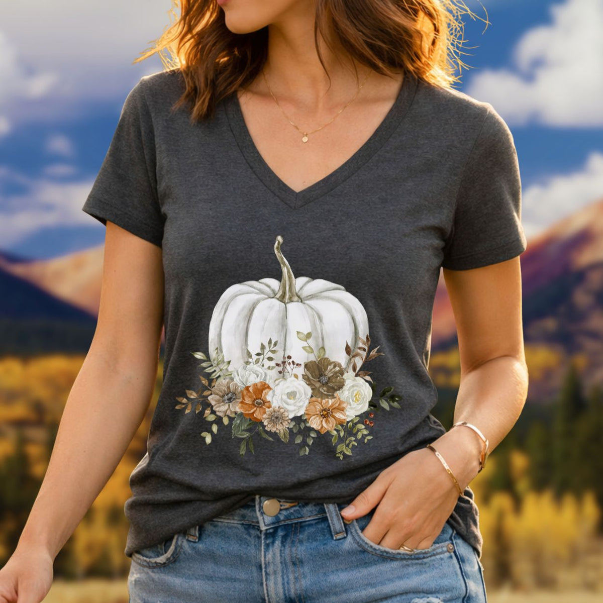 Autumn Floral White Pumpkin V-Neck Tee