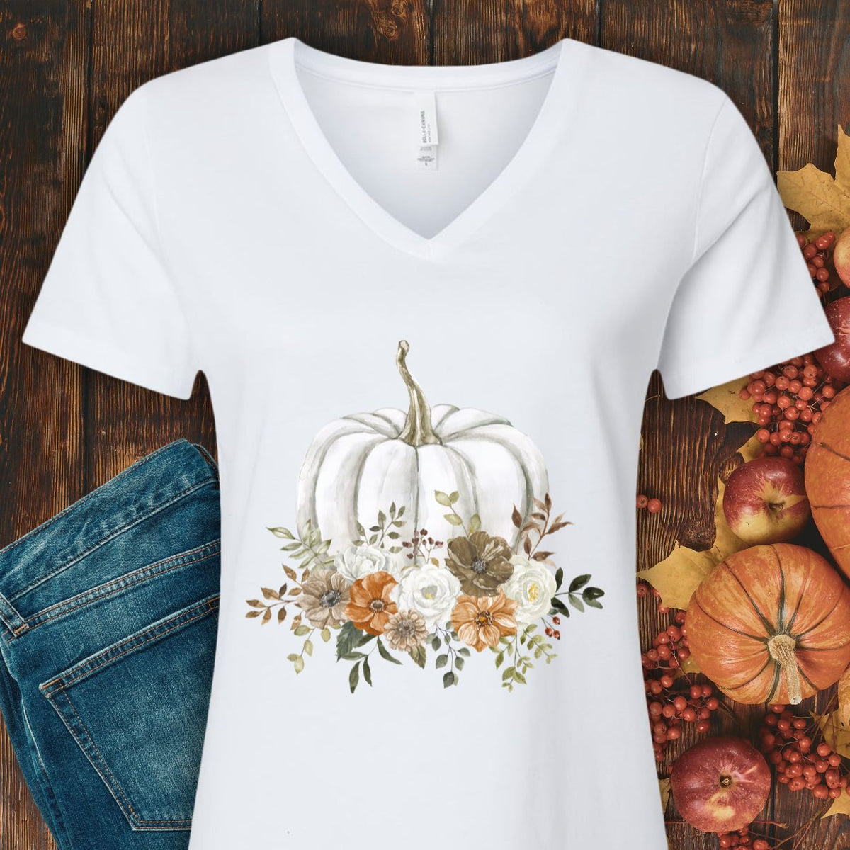 Autumn Floral White Pumpkin V-Neck Tee