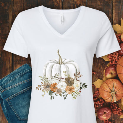Autumn Floral White Pumpkin V-Neck Tee