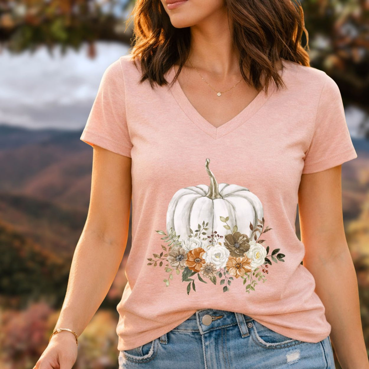 Autumn Floral White Pumpkin V-Neck Tee