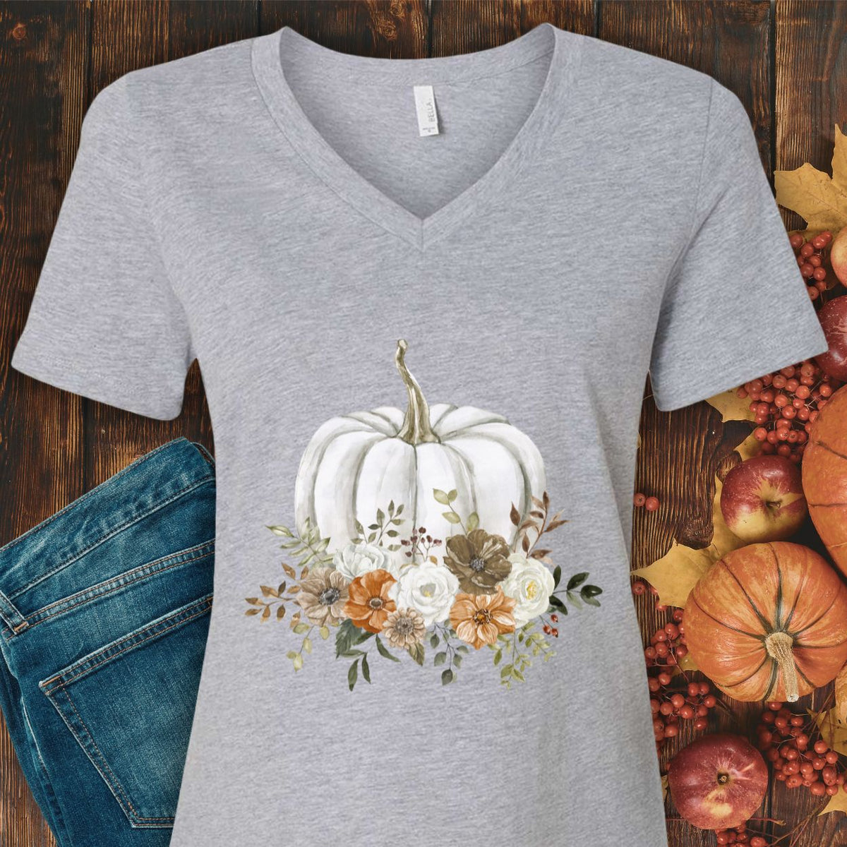 Autumn Floral White Pumpkin V-Neck Tee