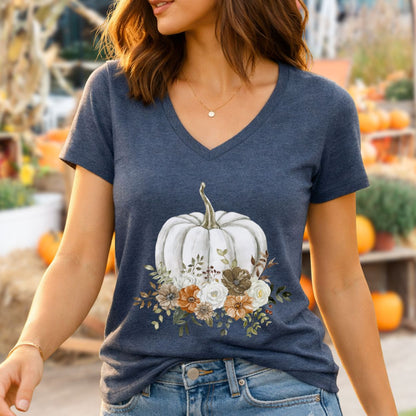 Autumn Floral White Pumpkin V-Neck Tee