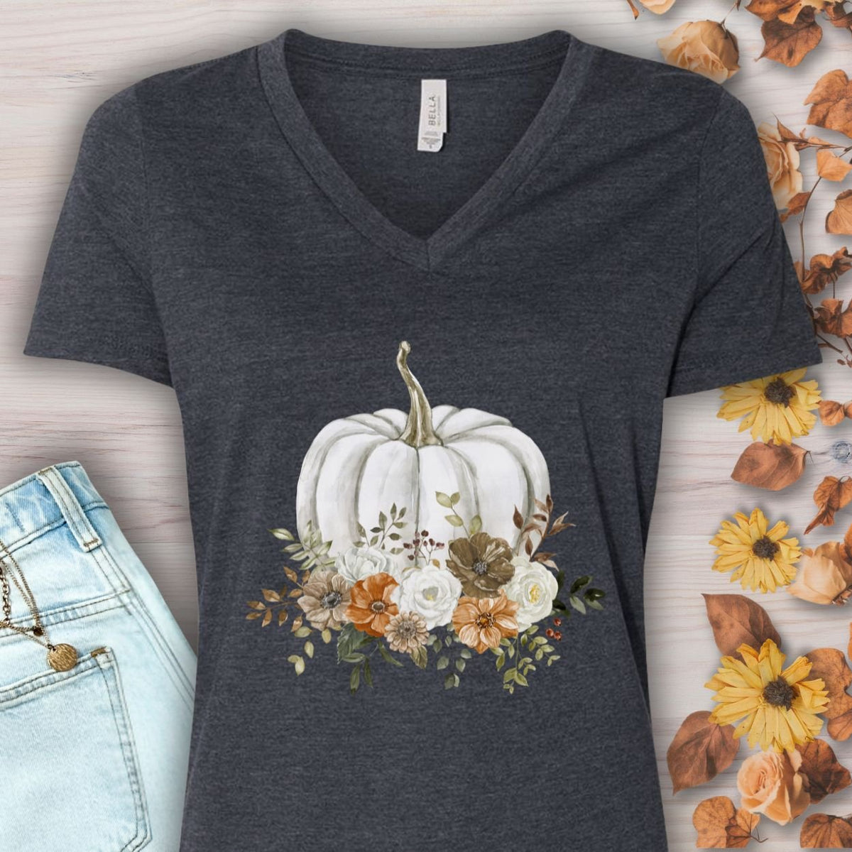 Autumn Floral White Pumpkin V-Neck Tee