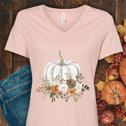 Autumn Floral White Pumpkin V-Neck Tee