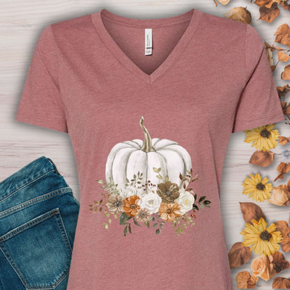 Autumn Floral White Pumpkin V-Neck Tee