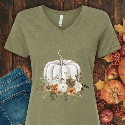 Autumn Floral White Pumpkin V-Neck Tee