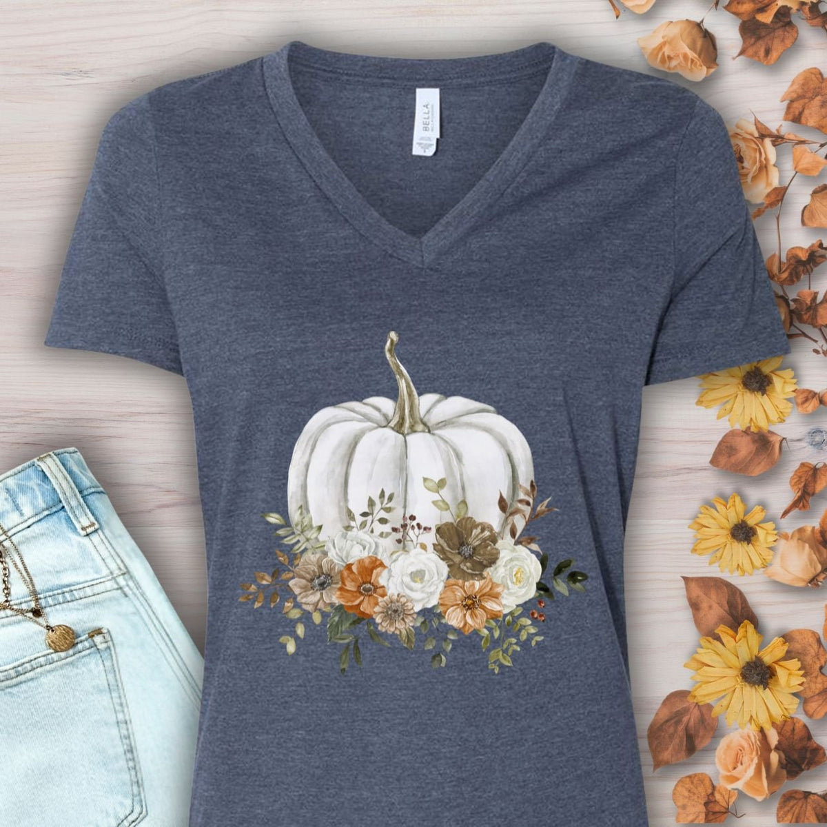 Autumn Floral White Pumpkin V-Neck Tee