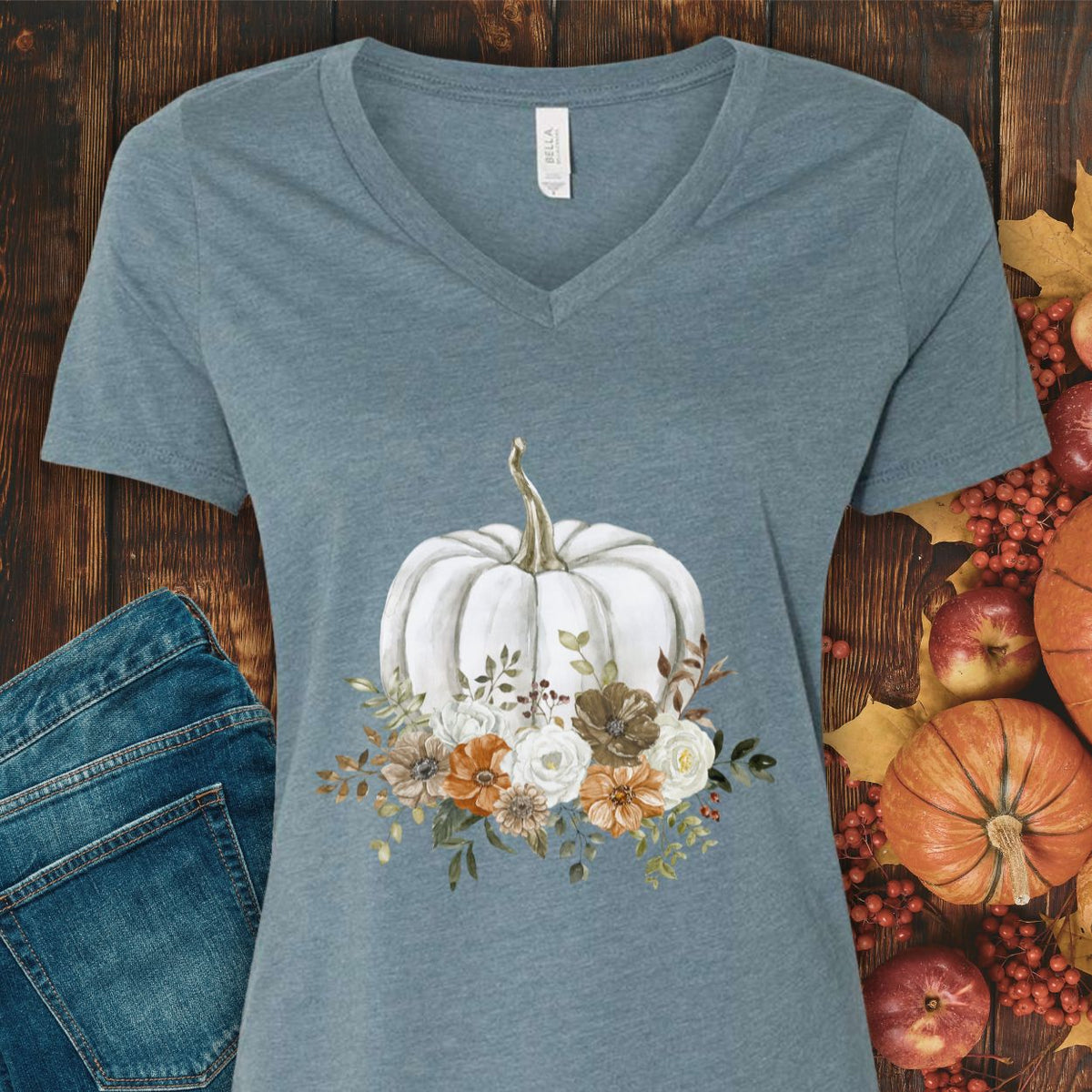 Autumn Floral White Pumpkin V-Neck Tee
