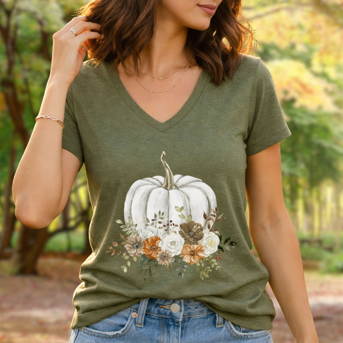 Autumn Floral White Pumpkin V-Neck Tee