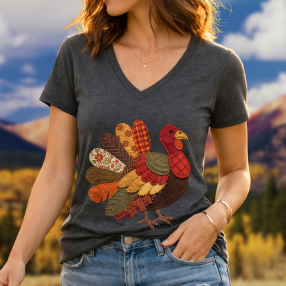Faux Patchwork Thanksgiving Turkey V-Neck Tee