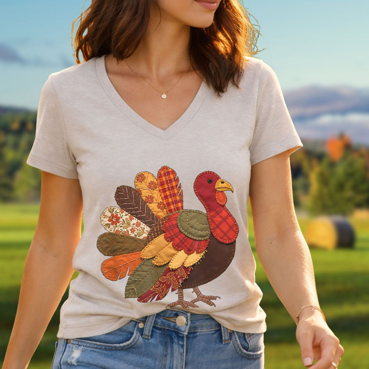 Faux Patchwork Thanksgiving Turkey V-Neck Tee