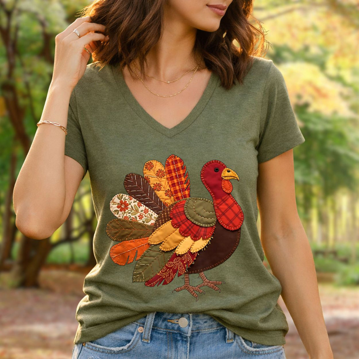 Faux Patchwork Thanksgiving Turkey V-Neck Tee