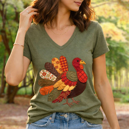 Faux Patchwork Thanksgiving Turkey V-Neck Tee