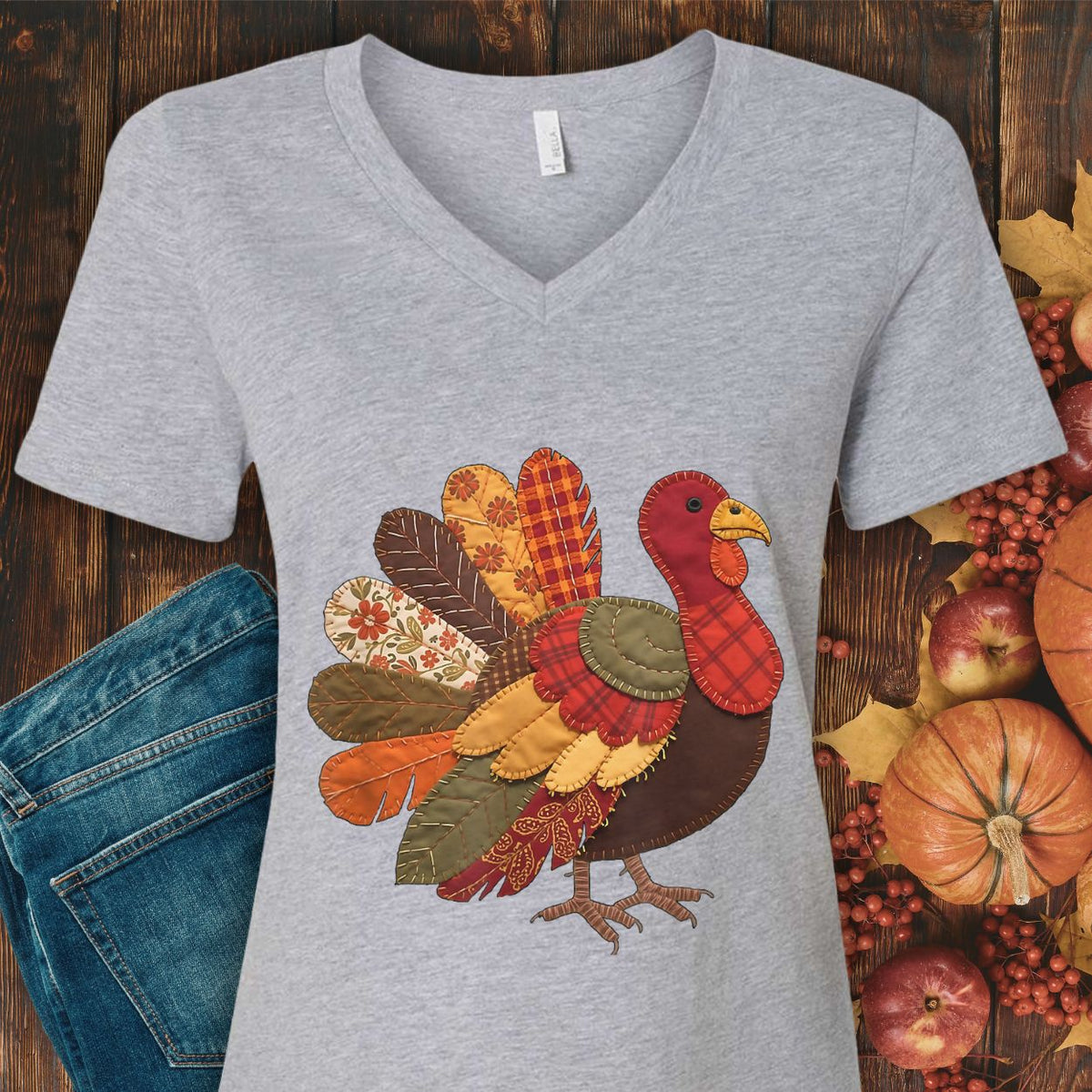 Faux Patchwork Thanksgiving Turkey V-Neck Tee