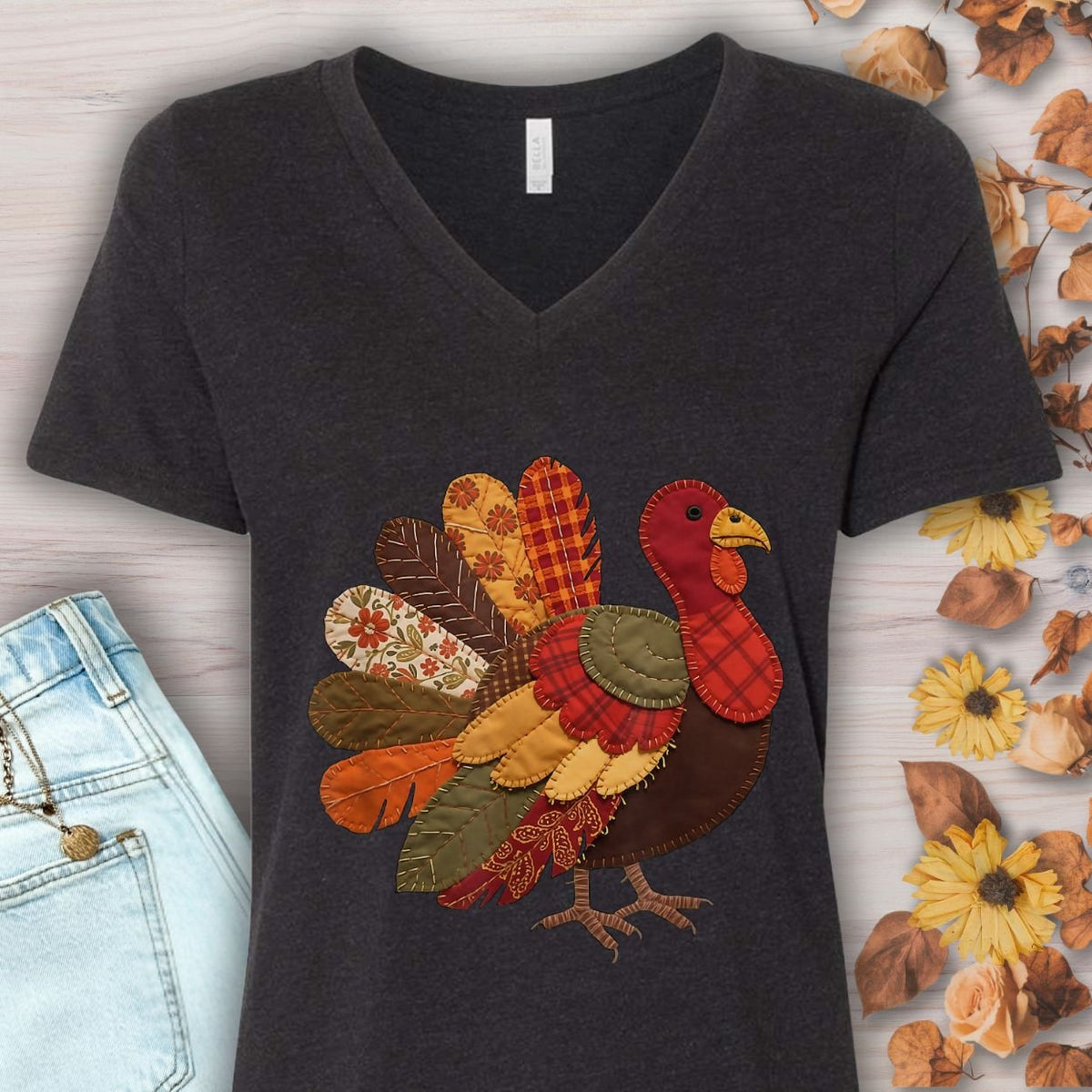 Faux Patchwork Thanksgiving Turkey V-Neck Tee