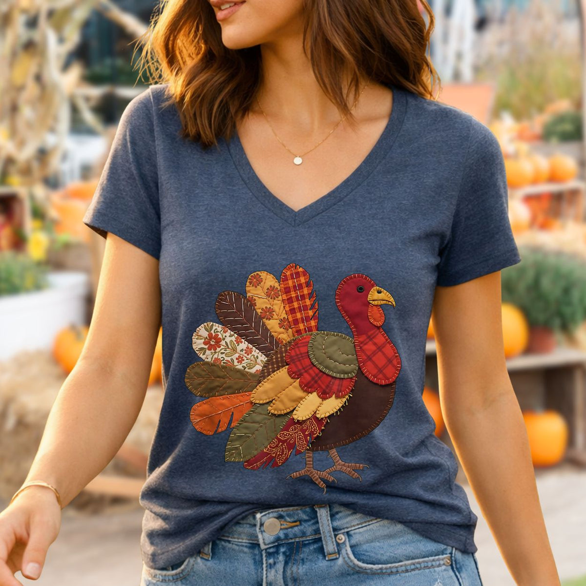 Faux Patchwork Thanksgiving Turkey V-Neck Tee