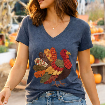 Faux Patchwork Thanksgiving Turkey V-Neck Tee