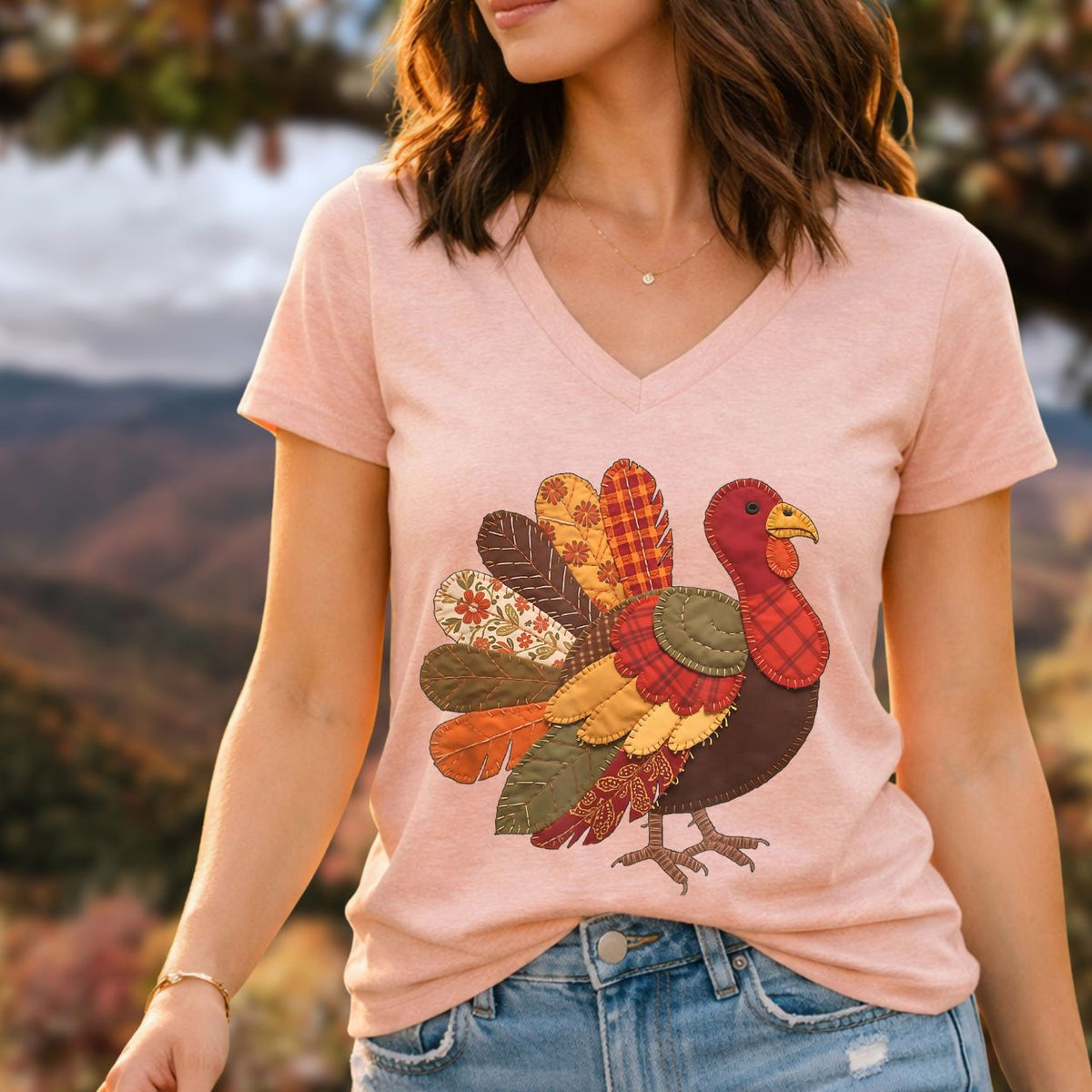 Faux Patchwork Thanksgiving Turkey V-Neck Tee