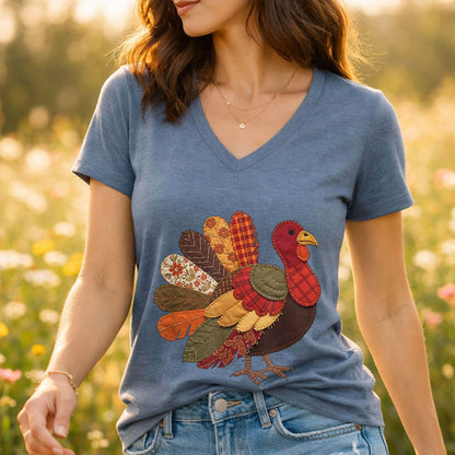 Faux Patchwork Thanksgiving Turkey V-Neck Tee