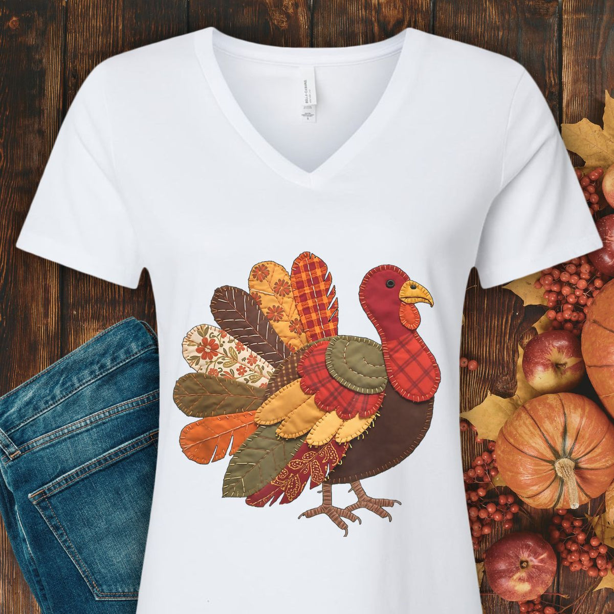 Faux Patchwork Thanksgiving Turkey V-Neck Tee
