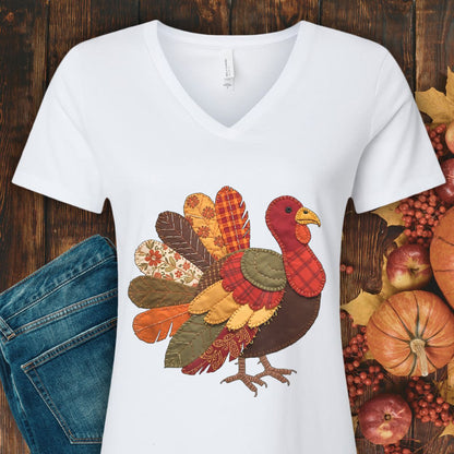 Faux Patchwork Thanksgiving Turkey V-Neck Tee