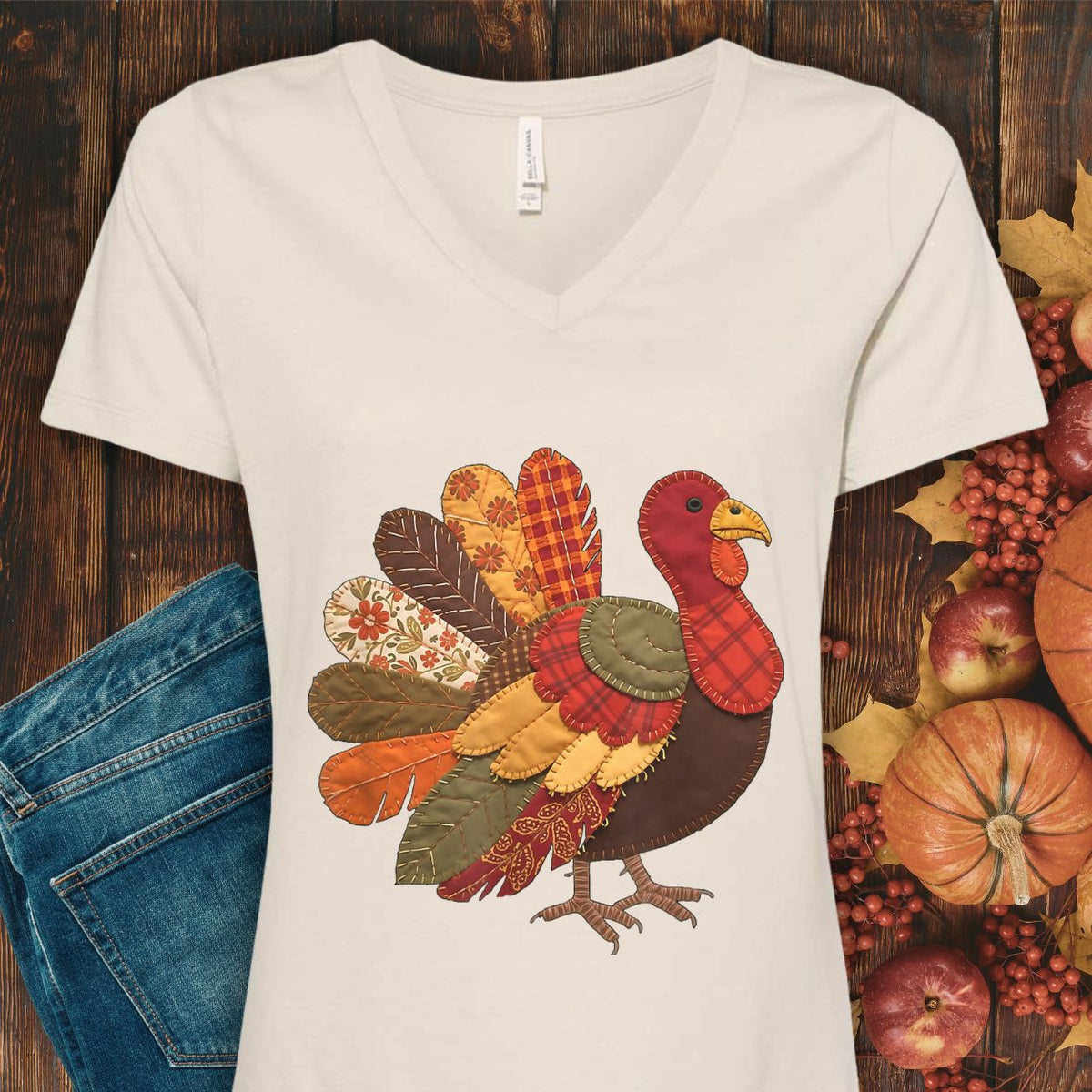 Faux Patchwork Thanksgiving Turkey V-Neck Tee