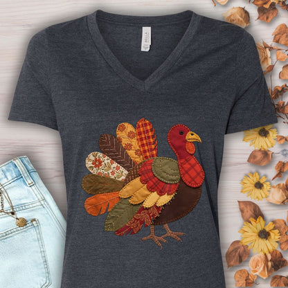 Faux Patchwork Thanksgiving Turkey V-Neck Tee