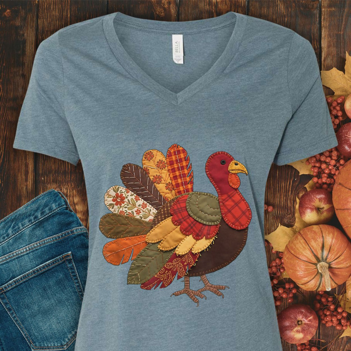 Faux Patchwork Thanksgiving Turkey V-Neck Tee