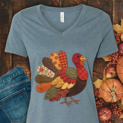 Faux Patchwork Thanksgiving Turkey V-Neck Tee