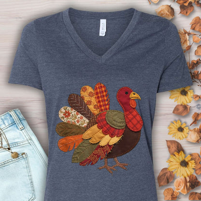 Faux Patchwork Thanksgiving Turkey V-Neck Tee