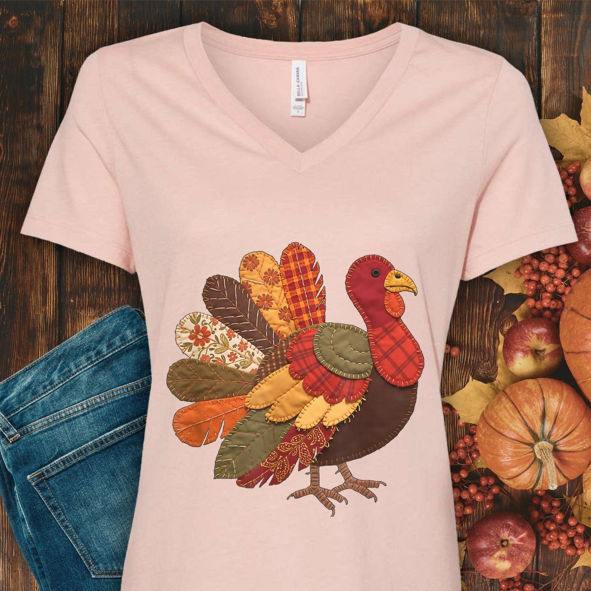 Faux Patchwork Thanksgiving Turkey V-Neck Tee