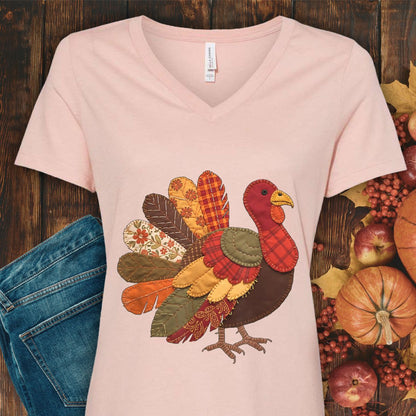 Faux Patchwork Thanksgiving Turkey V-Neck Tee