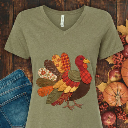 Faux Patchwork Thanksgiving Turkey V-Neck Tee